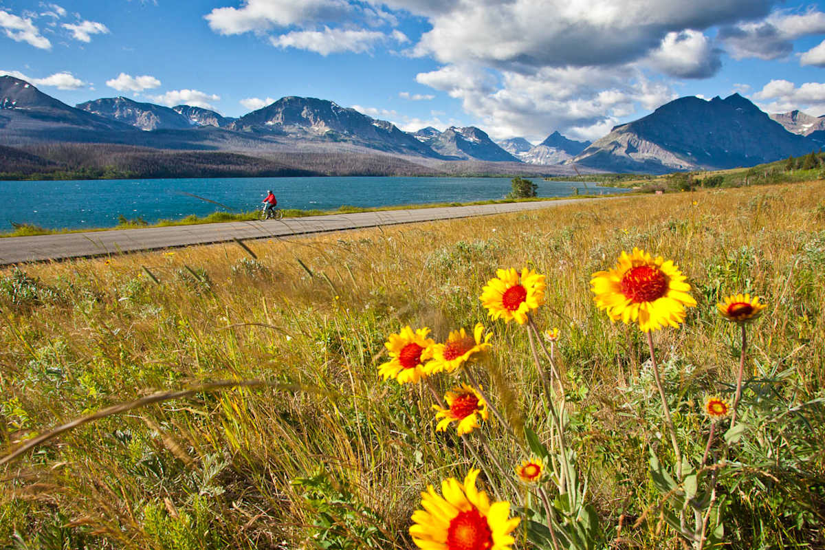 Guests riding past Many Lakes at Glacier National Park